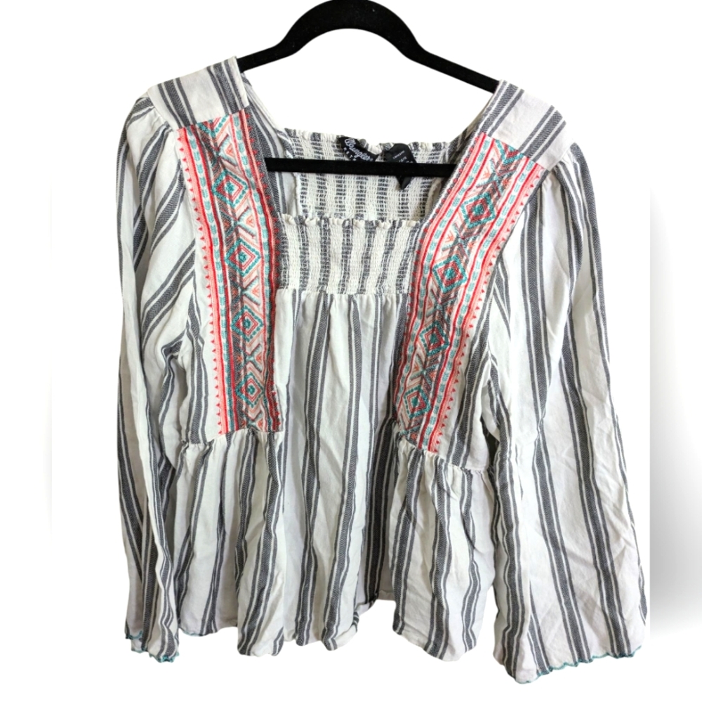Wrangler Retro‎ Festival Top Striped Embroidered Long Bell Sleeve Peasant